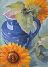 Two Sunflowers with Blue Pitcher
