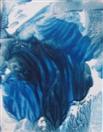 Blue Underwater Abstract  V, encaustic art card 7x9cm