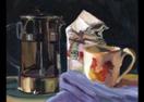 ANNE MCNALLY 'FRENCH PRESS AND STARBUCKS' OIL ON LINEN 11 x 14