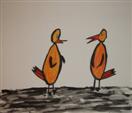 Orange Birds - Having a Conversation, acrylics on paper 24x27cm