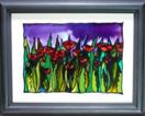 Red Poppies, Lavender Skies, framed painting on glass