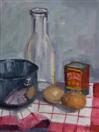 Origianl Oil Painting of Eggs, bowl, and Milk Bottle on a Red and White Cloth By Cheryl Ratcliff