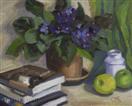 Still Life Painting of Purple Violet, Books, and Apples