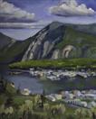 Original Landscape Oil Painting of Mountains and Marina