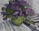 Oil Painting Still Life of Lilacs and Books