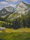 Original Oil Painting of Mountain Peaks and Meadow