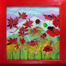 'Wild Red Flowers' by Karla Nolan, framed painting on glass