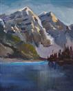 Original Oil Landscape of Sunset Glow on Mountain Peaks and Lake by Cheryl Ratcliff