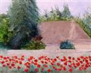 'Normandy House, Red Poppies', by Karla Nolan, palette knife/brush oil painting on linen panel