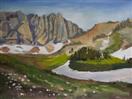 Original Oil Landscape of High Mountains at Twilight with Wildflowers by Cheryl Ratcliff