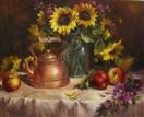 Sunflowers, Apples and Copper, oil on canvas 16 x 20