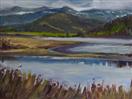 Original Oil Landscape of Spring Marsh land and Mountains by Cheryl Ratcliff