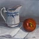 Original Oil Still Life of Red Apple and Blue and White Pitcher by Cheryl Ratcliff