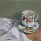 Original Oil Still Life of Teacup and White Cloth by Cheryl Ratcliff