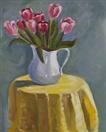 Original Oil Still Life of Pink Tulips on Yellow Cloth by Cheryl Ratcliff