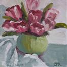 Original Oil Still Life of Pink Tulips in Green Vase by Cheryl Ratcliff