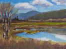 Original Landscape Oil Painting of Marsh Area, Mountain, and Trees by Cheryl Ratcliff