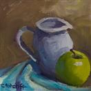 Original Still Life Oil Painting of White Pitcher and Yellow Apple by Cheryl Ratcliff