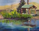 Original Oil Plein Air Landscape of Grasses, Building, and Water Reflection